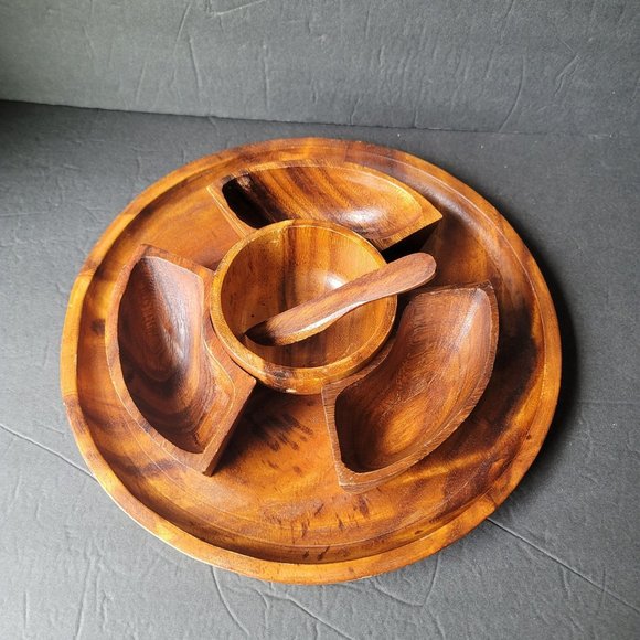 Other - Vintage Wood Snack Chip and Dip Serving Set Tray Bowls and Wood Spreader Knife T
